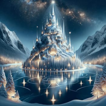 A fantasy illustration of a majestic ice castle on a frozen lake, surrounded by snow-covered mountains and trees. A high-quality photo.