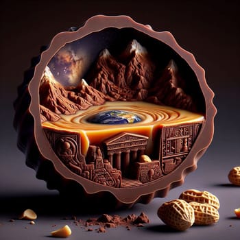A chocolate sphere with a detailed design. Inside, the sphere reveals a hidden world with mountains, a galaxy, the Earth, and ancient structures. A high-quality photo.