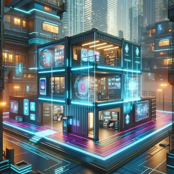 A futuristic rendering of a container home with glowing screens and digital interfaces, representing the convergence of technology and architecture. A high-quality photo.