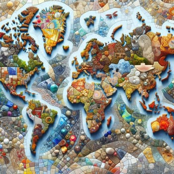 A world map created with a mosaic of different materials, representing the diversity of the world. A high-quality photo.