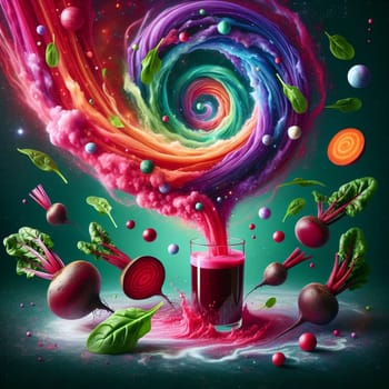 A surreal image of a glass of beet juice with colorful swirling smoke and floating spheres, representing the health benefits and energy of the drink. A high-quality photo.