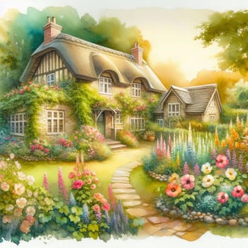 A watercolor illustration of a charming cottage with a thatched roof surrounded by a beautiful garden with flowers and a stone path. A high-quality photo.