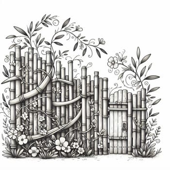 A black and white illustration of a bamboo fence with a gate and flowers. A high-quality photo.