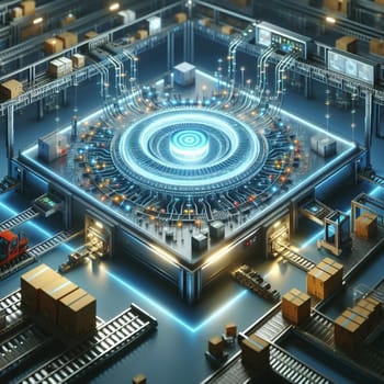 A futuristic illustration of an automated factory with conveyor belts, robots, and a glowing digital interface, representing the automation of manufacturing. A high-quality photo.