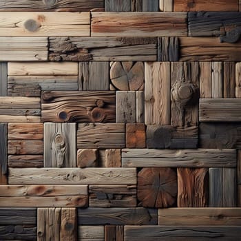 A close-up image of a wooden wall made from various planks and logs. A high-quality photo.