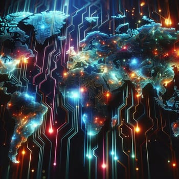 An abstract illustration of a world map made of glowing circuit boards and lines, representing the global interconnectedness of technology. A high-quality photo.