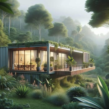 A 3D rendering of a modern container home nestled in a lush, green jungle with mist and sunlight. A high-quality photo.