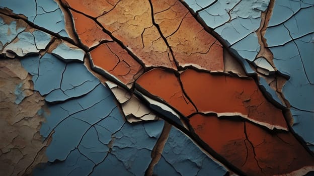 A close-up image of cracked paint on a surface, revealing different colors and textures. A high-quality photo.