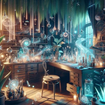 A surreal illustration of a magical laboratory with glowing orbs, floating plants, and a mystical atmosphere. A high-quality photo.