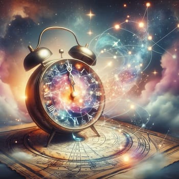 A surreal illustration of an old-fashioned alarm clock with a galaxy inside and a constellation above it, representing the vastness of time and space. A high-quality photo.