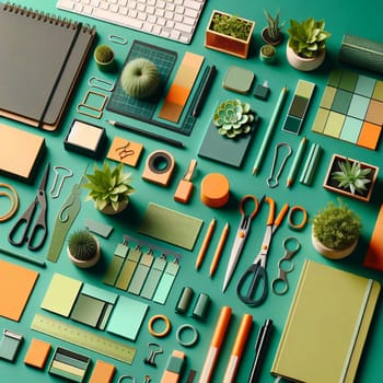 A flat lay image of various office supplies and plants arranged on a green background, creating a visually appealing and organized aesthetic. A high-quality photo.