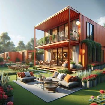 A 3D rendering of a modern container home with a lush green roof and a patio area, representing sustainable and eco-friendly living. A high-quality photo.