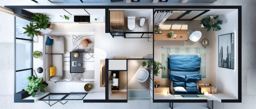 An overhead view of a one-bedroom apartment revealing a well-organized space with a separate bedroom, open living room, kitchen, and dining area with modern furnishings