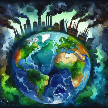 A watercolor illustration depicting a factory with smoke billowing out of chimneys, representing the impact of pollution on the Earth. A high-quality photo.