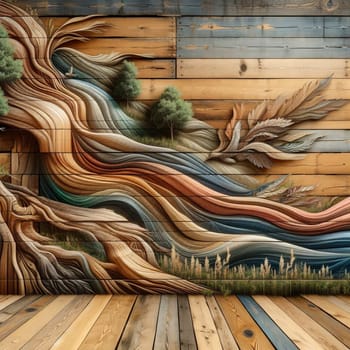 A 3D rendering of a wooden wall with a carved tree and flowing lines, representing the beauty of nature and the creativity of art. A high-quality photo.
