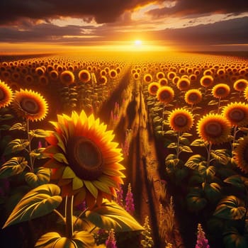 A field of sunflowers in full bloom, bathed in the warm glow of a setting sun. The sunflowers are tall and vibrant, creating a sense of joy and optimism. A high-quality photo.