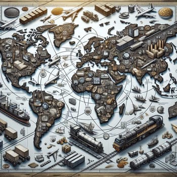 A detailed illustration of a world map with various forms of transportation and goods, representing global trade and interconnectedness. A high-quality photo.