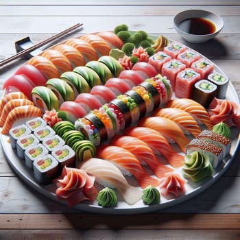 A photo of a large platter of various sushi rolls and sashimi, arranged beautifully on a wooden table. A high-quality photo.