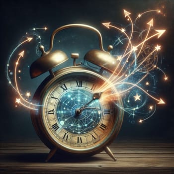 A surreal illustration of an old-fashioned alarm clock with a galaxy inside and a constellation above it, representing the vastness of time and space. A high-quality photo.