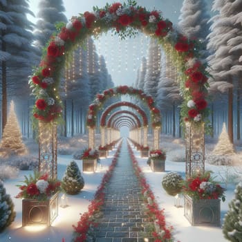 A winter wonderland scene with a pathway lined with arches decorated with red roses and lights, leading through a snow-covered forest. A high-quality photo.