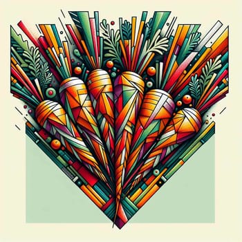 A colorful illustration of a bunch of carrots with geometric patterns and bright colors, representing the vibrancy and diversity of nature. A high-quality photo.