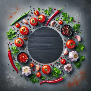 A food photography image featuring a black circle surrounded by various culinary ingredients like tomatoes, garlic, chili peppers, and herbs, creating a circular arrangement. A high-quality photo.