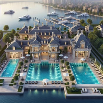 A rendering of a luxury mansion with multiple pools and a waterfront location. A high-quality photo.
