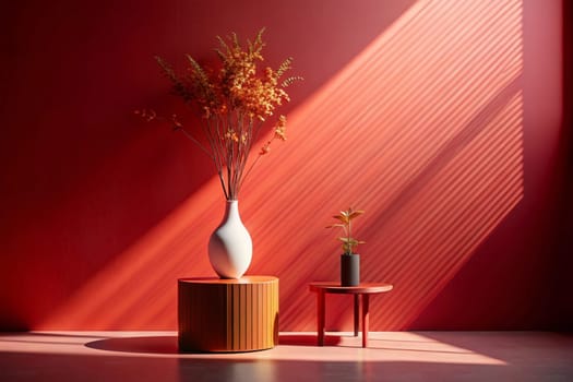 Interior design image featuring a red wall with a large, white vase and a potted plant on a table in the foreground. The sunlight creates a striking shadow effect on the wall. A high-quality photo.