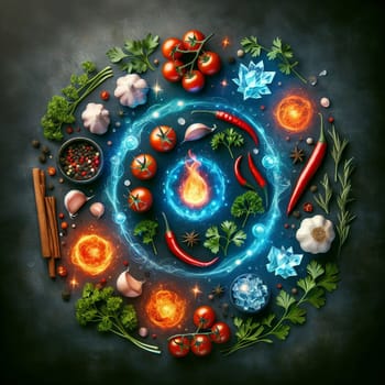 A surreal image of a circle of culinary ingredients (garlic, peppers, tomatoes, herbs, spices) surrounding a glowing orb of fire and ice. A high-quality photo.