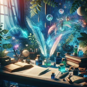 A surreal illustration of a desk with a quill pen, ink bottles, and a book, with magical glowing effects and floating objects. A high-quality photo.