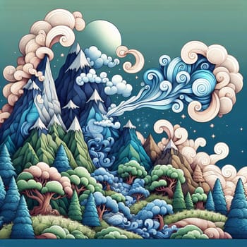 A colorful illustration of a mountain range with a stylized river and swirling clouds, representing the beauty and wonder of nature. A high-quality photo.