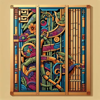 A colorful illustration of a bamboo wall with intricate designs, showcasing traditional Asian art and architecture. A high-quality photo.