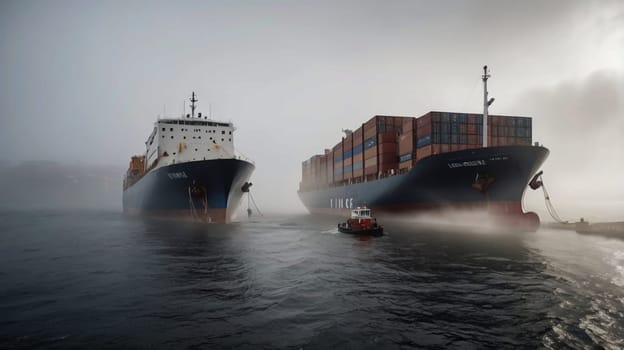 A photo of two cargo ships sailing through a foggy harbor. A tugboat assists one of the ships. A high-quality photo.