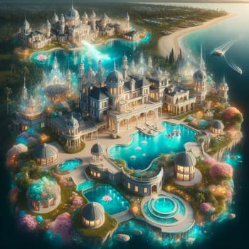 A fantasy illustration of a majestic palace on an island surrounded by water and lush vegetation. There are glowing lights and swirling, magical effects. A high-quality photo.