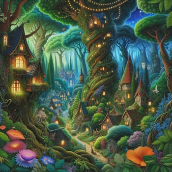 A fantasy illustration of a village nestled in a forest, with houses built into trees and winding paths leading through the foliage. A high-quality photo.