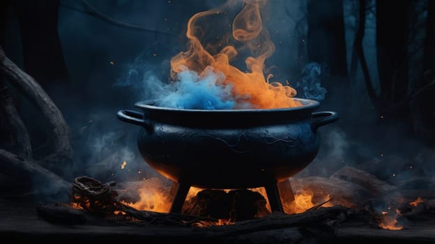 A dramatic image of a cauldron with blue and orange smoke billowing out, set against a dark forest backdrop. A high-quality photo.
