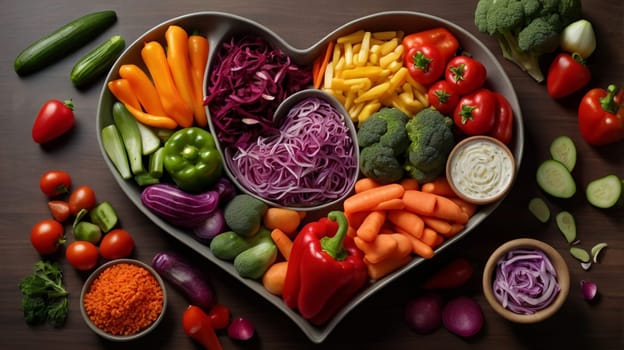 A heart-shaped platter filled with colorful vegetables, such as carrots, red peppers, broccoli, and cucumber. A high-quality photo.