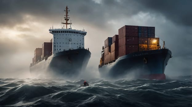 Two cargo ships sailing on the ocean with a lifeboat in the foreground. The ships are in a rough sea, with choppy waves and a stormy sky. A high-quality photo.