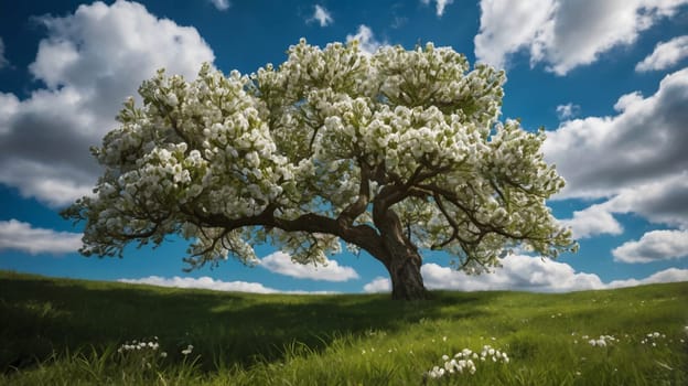 A single, large tree with white blossoms in full bloom, standing on a grassy hillside against a bright blue sky with fluffy clouds. A high-quality photo.