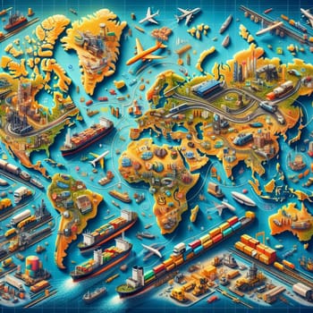 A world map illustration depicting various transportation methods, including airplanes, ships, cars, and trains, connecting different countries and continents. A high-quality photo.