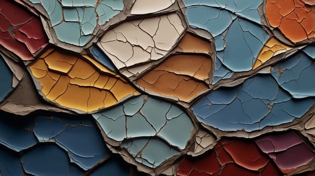 A close-up image of cracked paint on a surface, revealing different colors and textures. A high-quality photo.