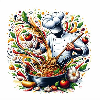 A chef in a white uniform is stirring a pot of spaghetti, with ingredients and colors swirling around him. A high-quality photo.