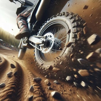 A photo of a dirt bike speeding through a track, with a focus on the rear wheel and the dirt flying up. A high-quality photo.