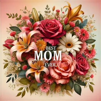 Floral illustration featuring a bouquet of roses, lilies, and other flowers with the words Best Mom Ever in the center. A high-quality photo.
