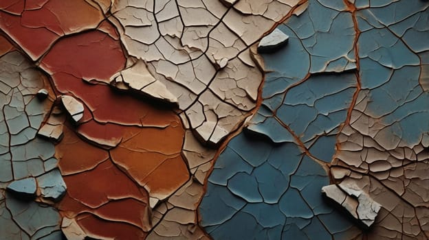 A close-up image of cracked paint on a surface, revealing different colors and textures. A high-quality photo.
