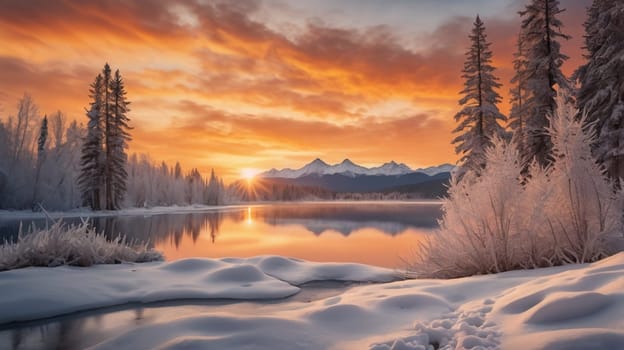 A breathtaking landscape photo of a snowy, frozen lake surrounded by mountains and trees, with a dramatic sunrise in the background. A high-quality photo.