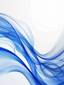Wispy blue ribbon-like forms float across a pristine white backdrop, creating a mesmerizing, abstract visual experience