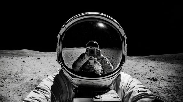 A close-up of an astronaut’s helmet, capturing the vast gray lunar surface beneath a pitch-black sky. Reflected in the visor is a fellow astronaut holding a camera, creating a striking visual of lunar exploration and human presence on the moon.