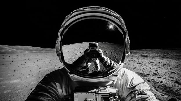 A close-up of an astronaut’s helmet, capturing the vast gray lunar surface beneath a pitch-black sky. Reflected in the visor is a fellow astronaut holding a camera, creating a striking visual of lunar exploration and human presence on the moon.