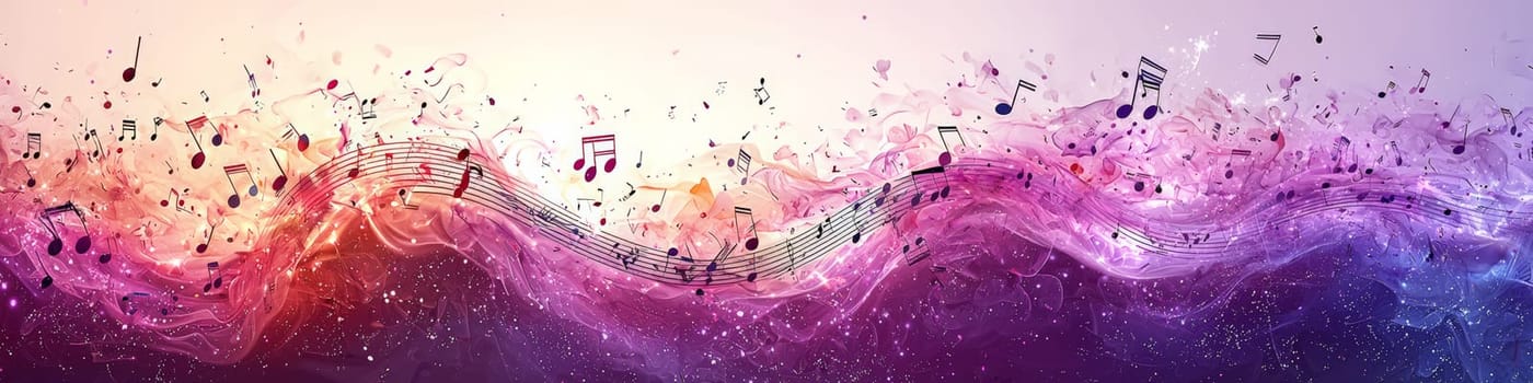 A dynamic 3D vector graphic of a twisting musical staff in elegant shades of purple, with musical notes floating off the staff in mid-air. Set against a clean white background, the image captures the essence of music in vibrant, abstract motion.